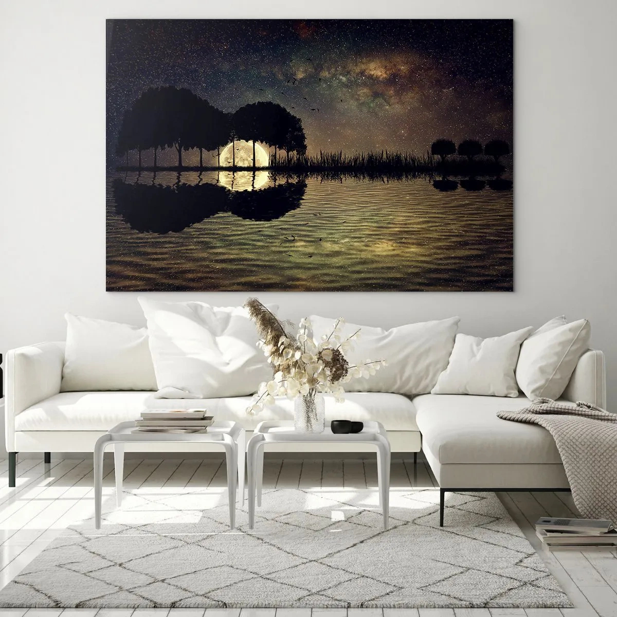 Impression sur verre - Image sur verre - Scène de nuit avec une pleine lune reflétée dans l'eau - 100x70cm - Nuit au bout du monde - Décoration murale moderne pour le salon et la chambre ARTTOR