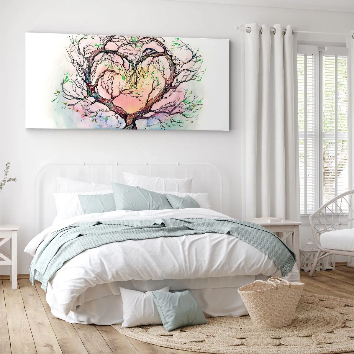 Impression sur toile - Image sur toile - Un arbre en forme de cœur sur un fond de couleurs pastel délicates - 120x50cm - Ensemble contre les tempêtes - Décoration murale moderne pour le salon et la chambre ARTTOR