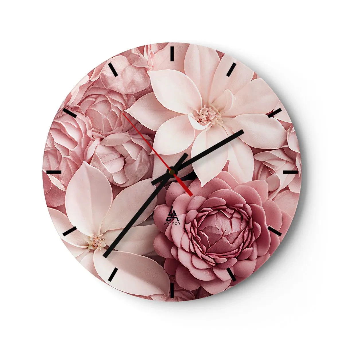 Horloge murale - Pendule murale - Une composition de fleurs roses de différentes nuances et formes - 30x30cm - Dans les pétales roses - Décoration murale moderne pour le salon, la cuisine et la chambre ARTTOR
