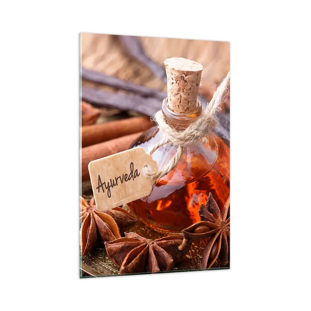 Impression sur verre - Image sur verre - Une bouteille d'huile d'épices sur un plateau - 80x120cm - Vers l'unité du corps et de l'esprit - Décoration murale moderne pour le salon et la chambre ARTTOR