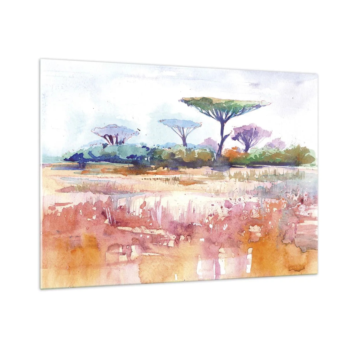 Impression sur verre - Image sur verre - Paysage de savane à l'aquarelle avec arbres et végétation - 100x70cm - Couleurs de savane - Décoration murale moderne pour le salon et la chambre ARTTOR