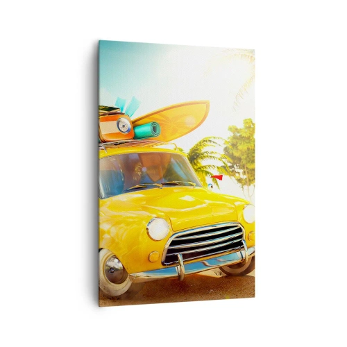 Impression sur toile - Image sur toile - Une voiture jaune avec des bagages dans un paysage tropical - 80x120cm - Un voyage pour plus d'un sourire - Décoration murale moderne pour le salon et la chambre ARTTOR