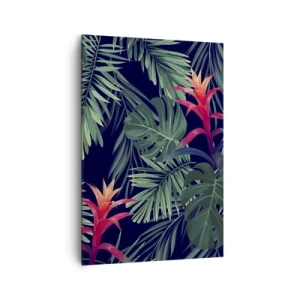 Impression sur toile - Image sur toile - Feuilles et fleurs tropicales sur fond sombre - 70x100cm - immergé dans la nature - Décoration murale moderne pour le salon et la chambre ARTTOR