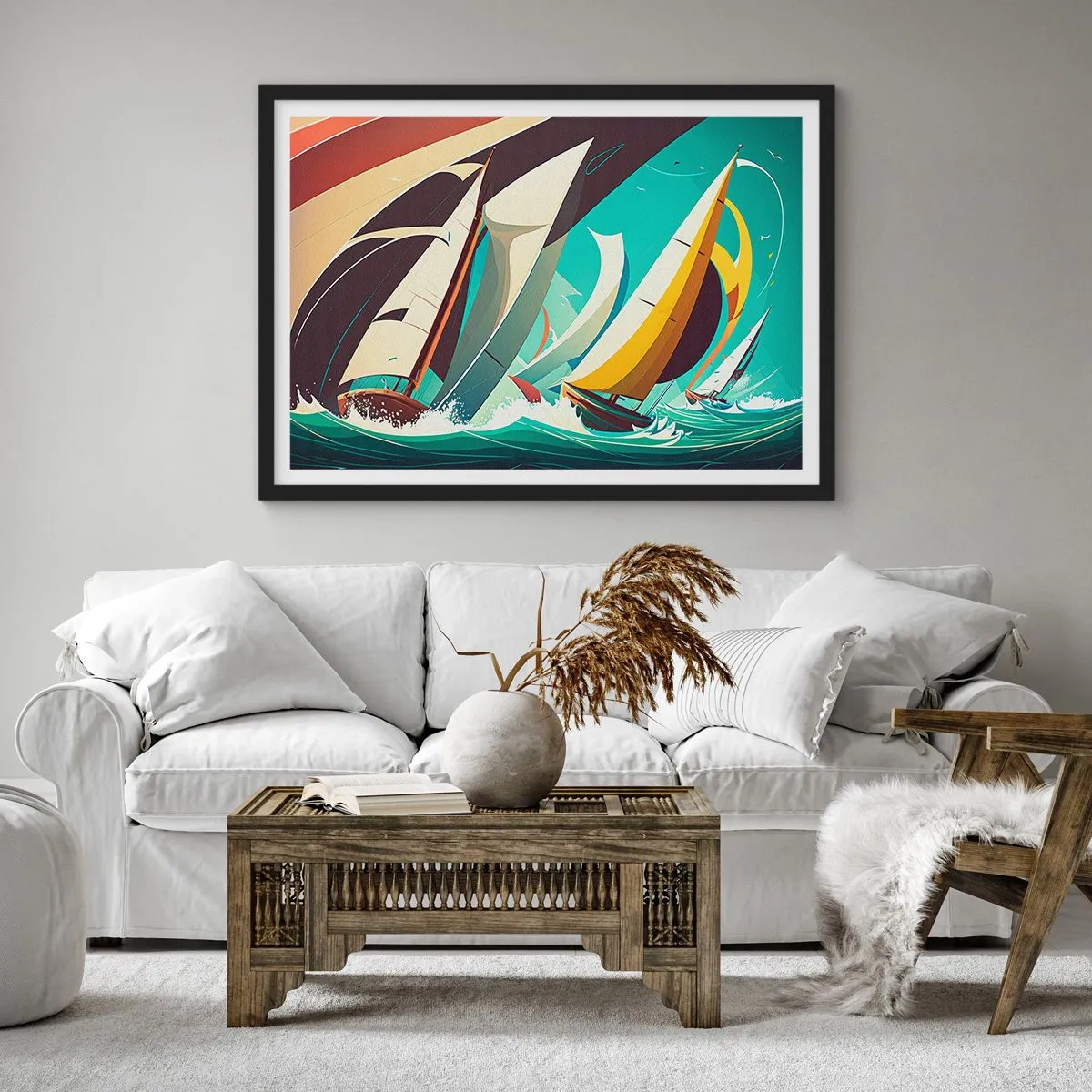 Affiche dans un cadre noir - Poster - Une illustration dynamique de voiliers dans une mer agitée. - 70x50cm - Bonne chance avec les éléments - Décoration murale moderne pour le salon et la chambre ARTTOR