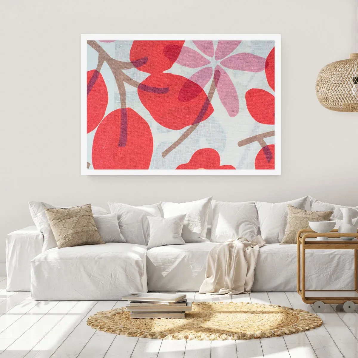 Affiche - Poster - Fleurs et feuilles dans les tons de rouge et de rose - 100x70cm - Composition florale dans les roses - Décoration murale moderne pour le salon et la chambre ARTTOR