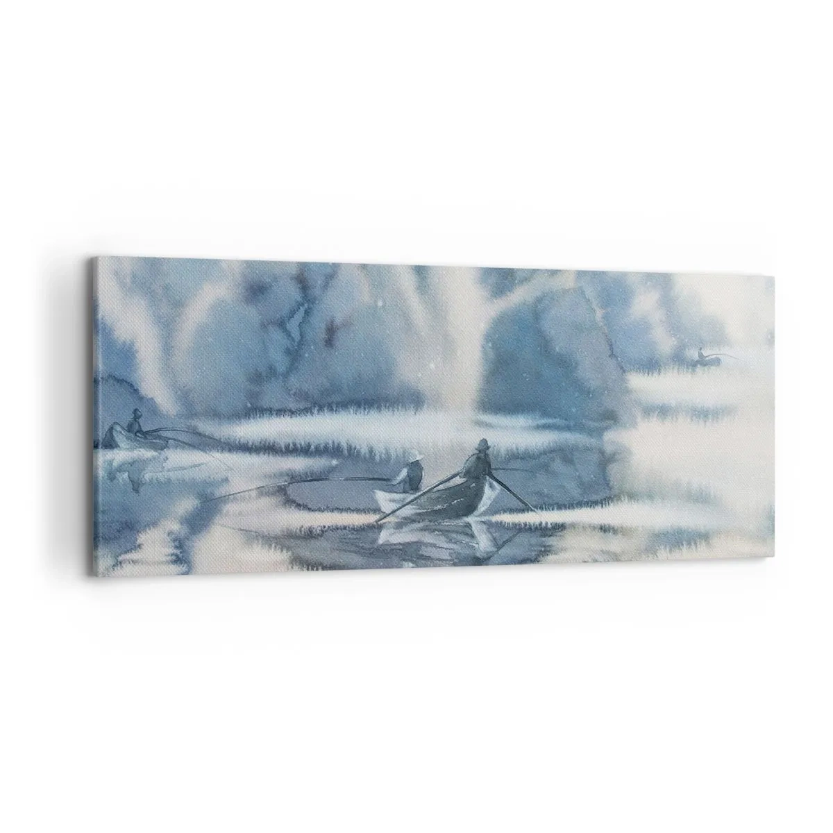 Impression sur toile - Image sur toile - Paysage à l'aquarelle avec des bateaux sur un lac entouré d'une forêt brumeuse - 120x50cm - Les pêcheurs dans leur paradis - Décoration murale moderne pour le salon et la chambre ARTTOR