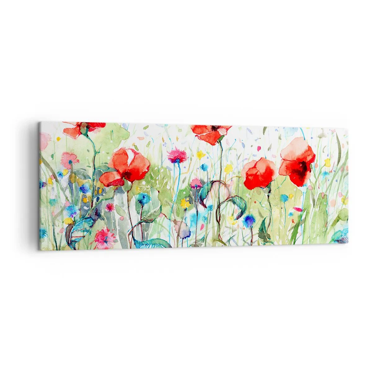 Impression sur toile - Image sur toile - Une prairie avec des coquelicots rouges et des fleurs colorées à l'aquarelle - 140x50cm - Prairie de fleurs en mai - Décoration murale moderne pour le salon et la chambre ARTTOR