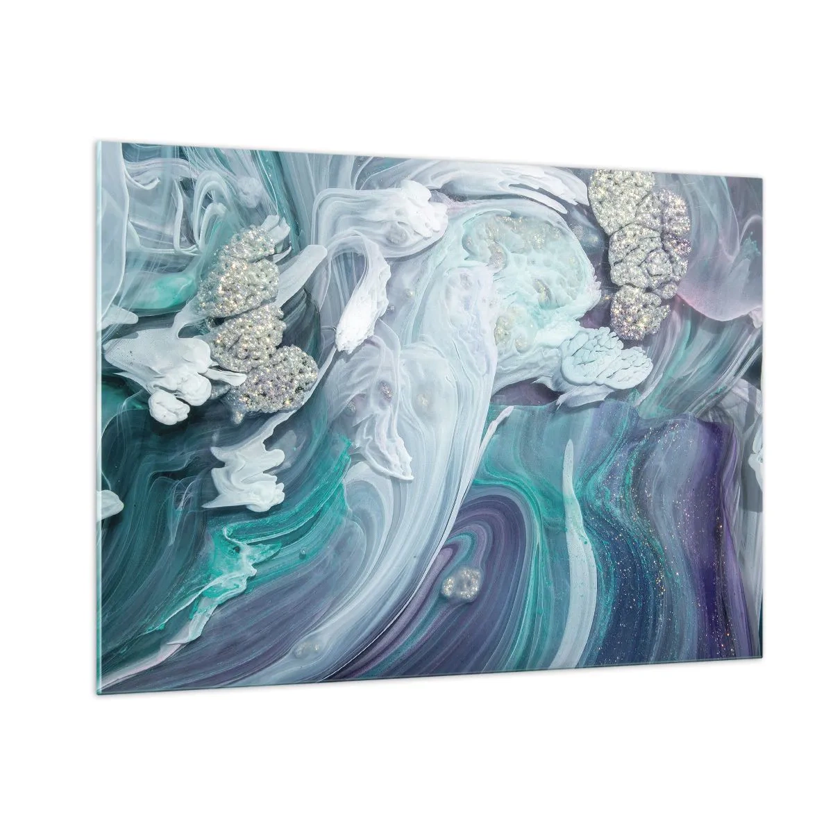 Impression sur verre - Image sur verre - Une composition abstraite dans des tons de bleu, violet et blanc. - 100x70cm - Courants bleus - Décoration murale moderne pour le salon et la chambre ARTTOR