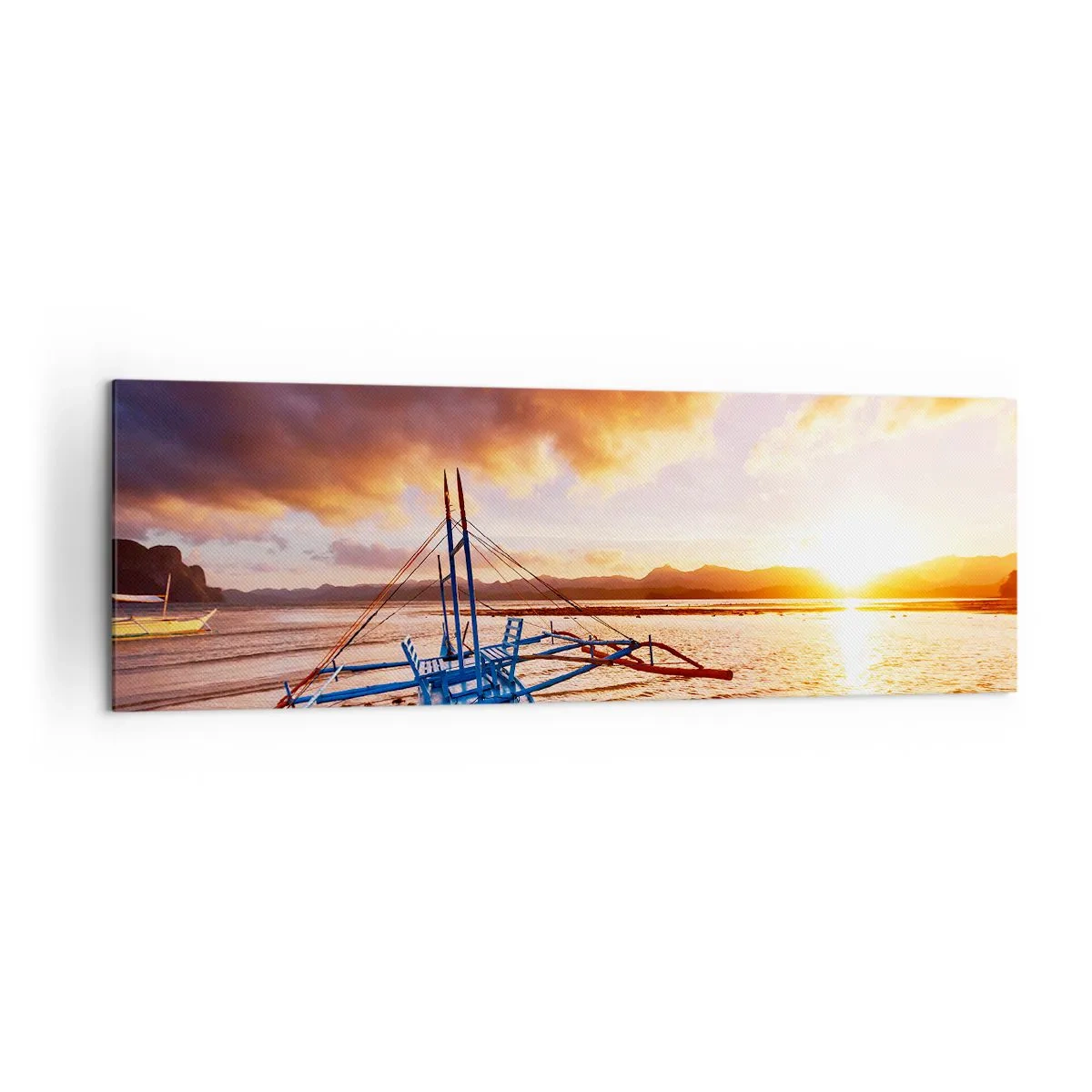 Impression sur toile - Image sur toile - Bateau bleu sur la plage au coucher du soleil - 160x50cm - Allongez-vous dans le sable après une longue journée - Décoration murale moderne pour le salon et la chambre ARTTOR