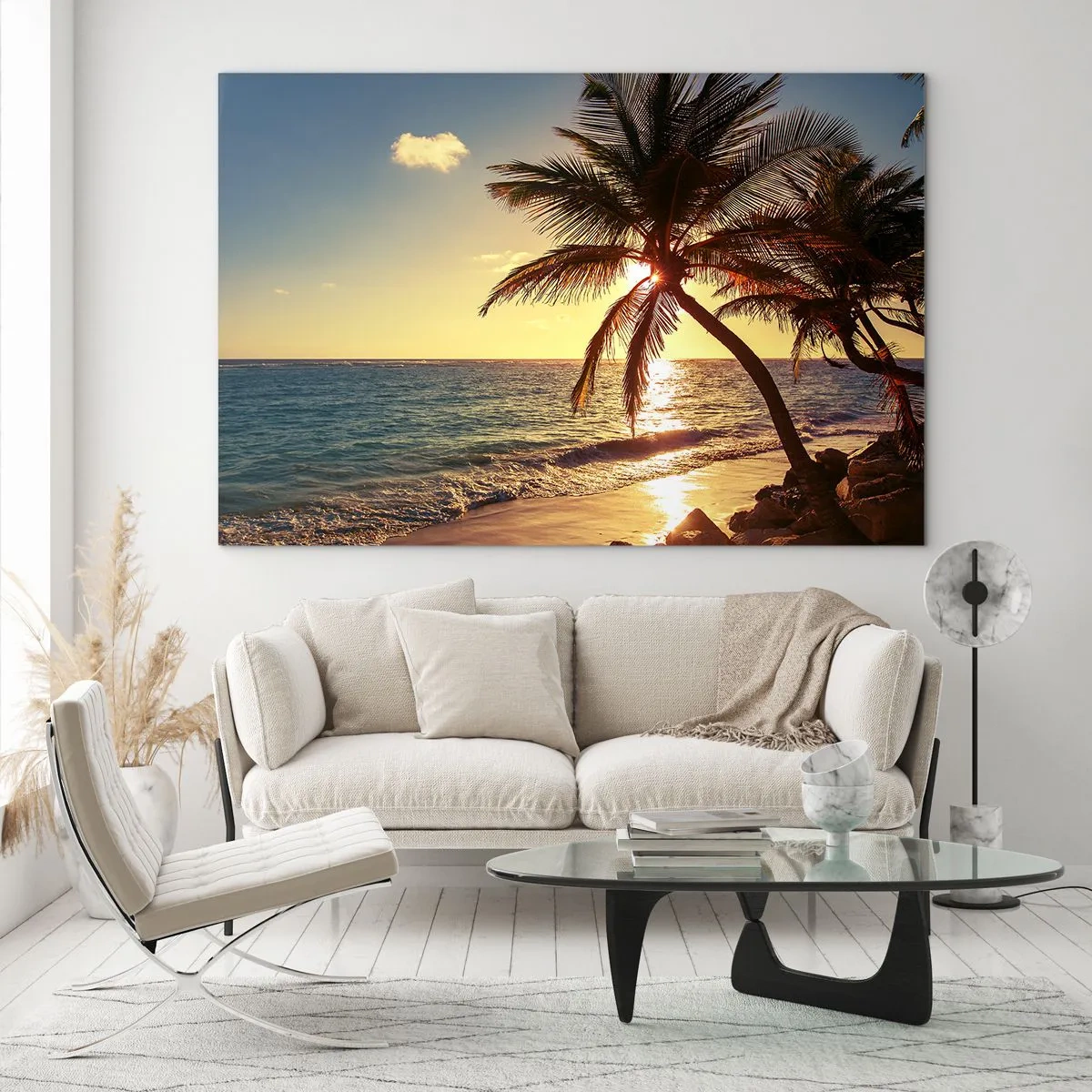 Impression sur verre - Image sur verre - Plage tropicale avec palmiers à la lumière du soleil couchant - 100x70cm - L'été sous les palmiers - Décoration murale moderne pour le salon et la chambre ARTTOR