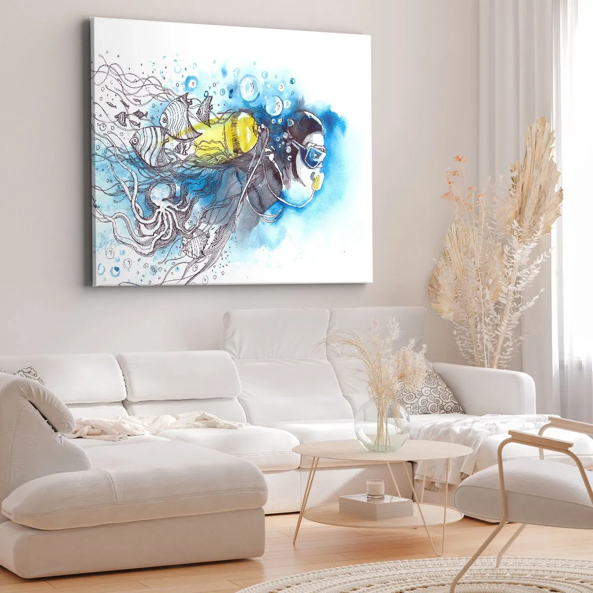 Impression sur toile - Image sur toile - Scène sous-marine avec un plongeur et des poissons exotiques - 100x70cm - Le grand bleu - Décoration murale moderne pour le salon et la chambre ARTTOR