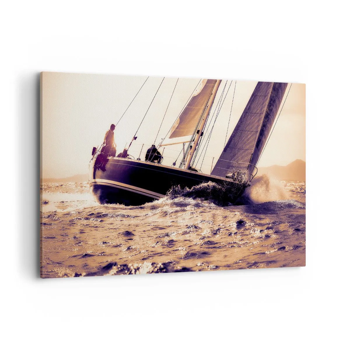 Impression sur toile - Image sur toile - Un yacht sur une mer agitée à la lumière du soleil couchant - 120x80cm - Navigue, marin - Décoration murale moderne pour le salon et la chambre ARTTOR