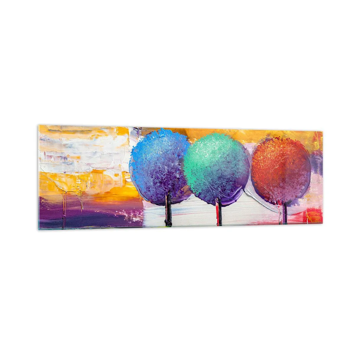 Impression sur verre - Image sur verre - Trois arbres colorés sur un fond abstrait - 160x50cm - Art jusqu'à trois - Décoration murale moderne pour le salon et la chambre ARTTOR