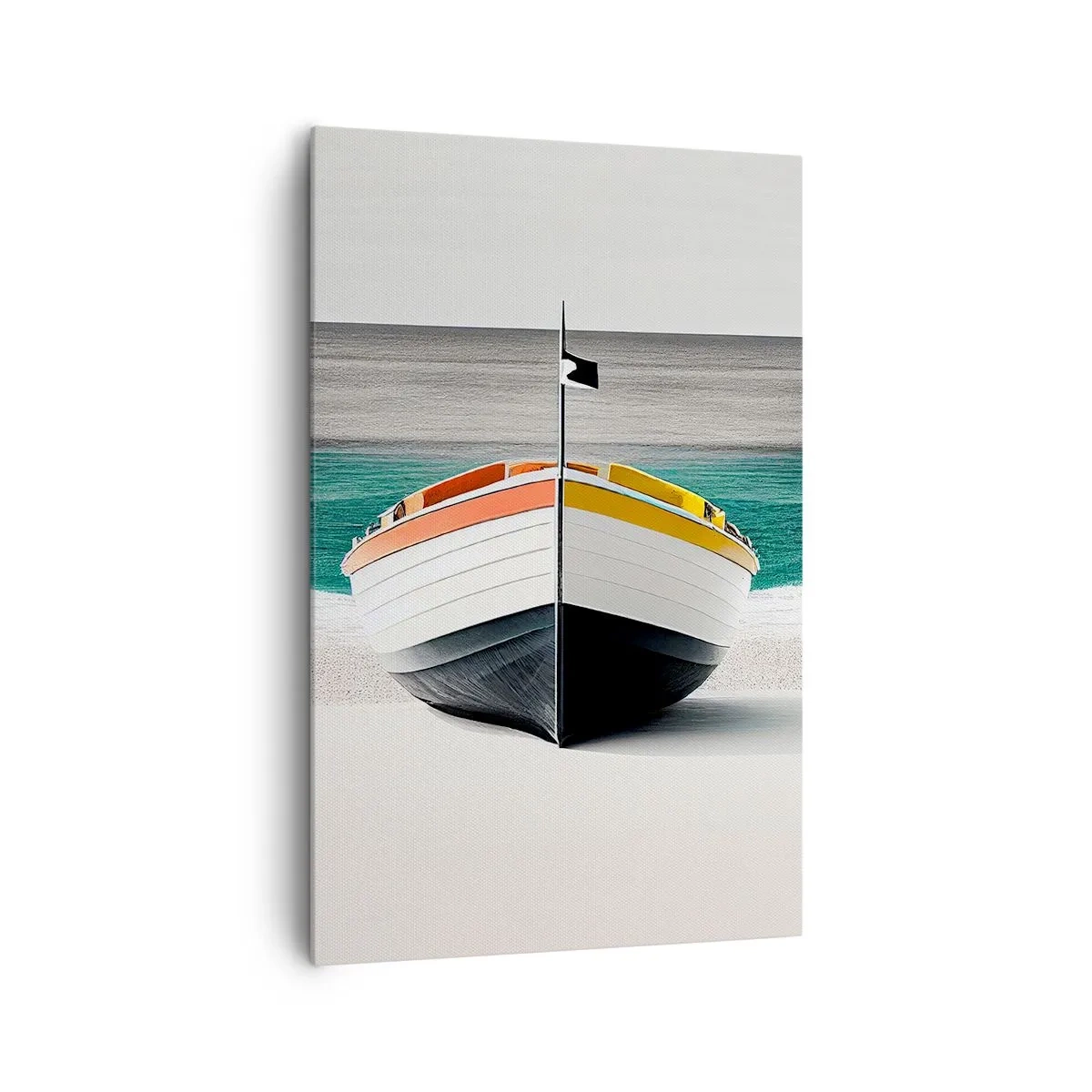 Impression sur toile - Image sur toile - Un bateau sur la plage avec une mer turquoise en arrière-plan - 80x120cm - A sa place - Décoration murale moderne pour le salon et la chambre ARTTOR