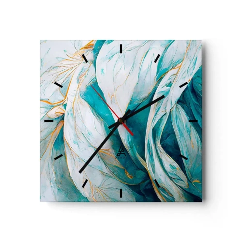 Horloge murale - Pendule murale - Feuilles bleues abstraites avec des détails dorés - 30x30cm - Abstraction bleue avec un motif doré - Décoration murale moderne pour le salon et la chambre ARTTOR