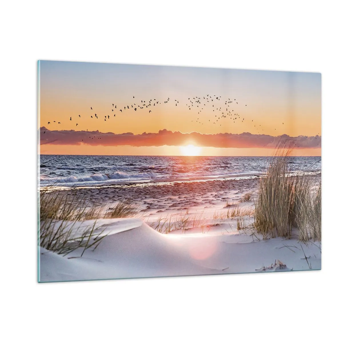 Impression sur verre - Image sur verre - Coucher de soleil sur la mer avec des oiseaux et des dunes de sable - 120x80cm - Paysage horizontal - Décoration murale moderne pour le salon et la chambre ARTTOR