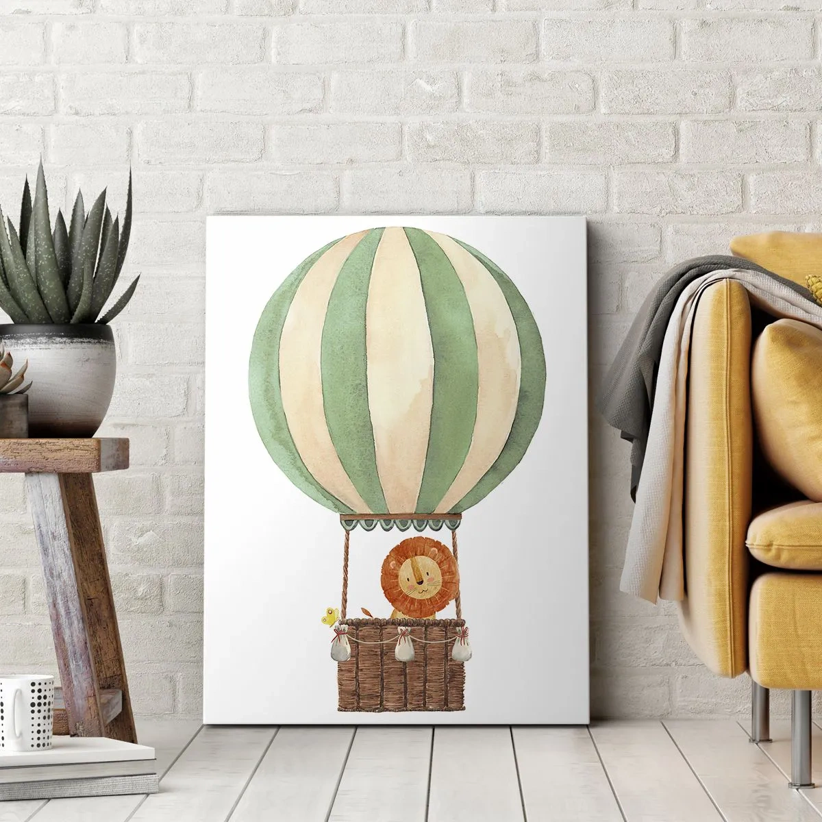 Impression sur toile - Image sur toile - Un ballon avec un lion souriant dans un panier aux couleurs pastel - 80x120cm - Les voyages de Léon - Décoration murale moderne pour le salon et la chambre ARTTOR