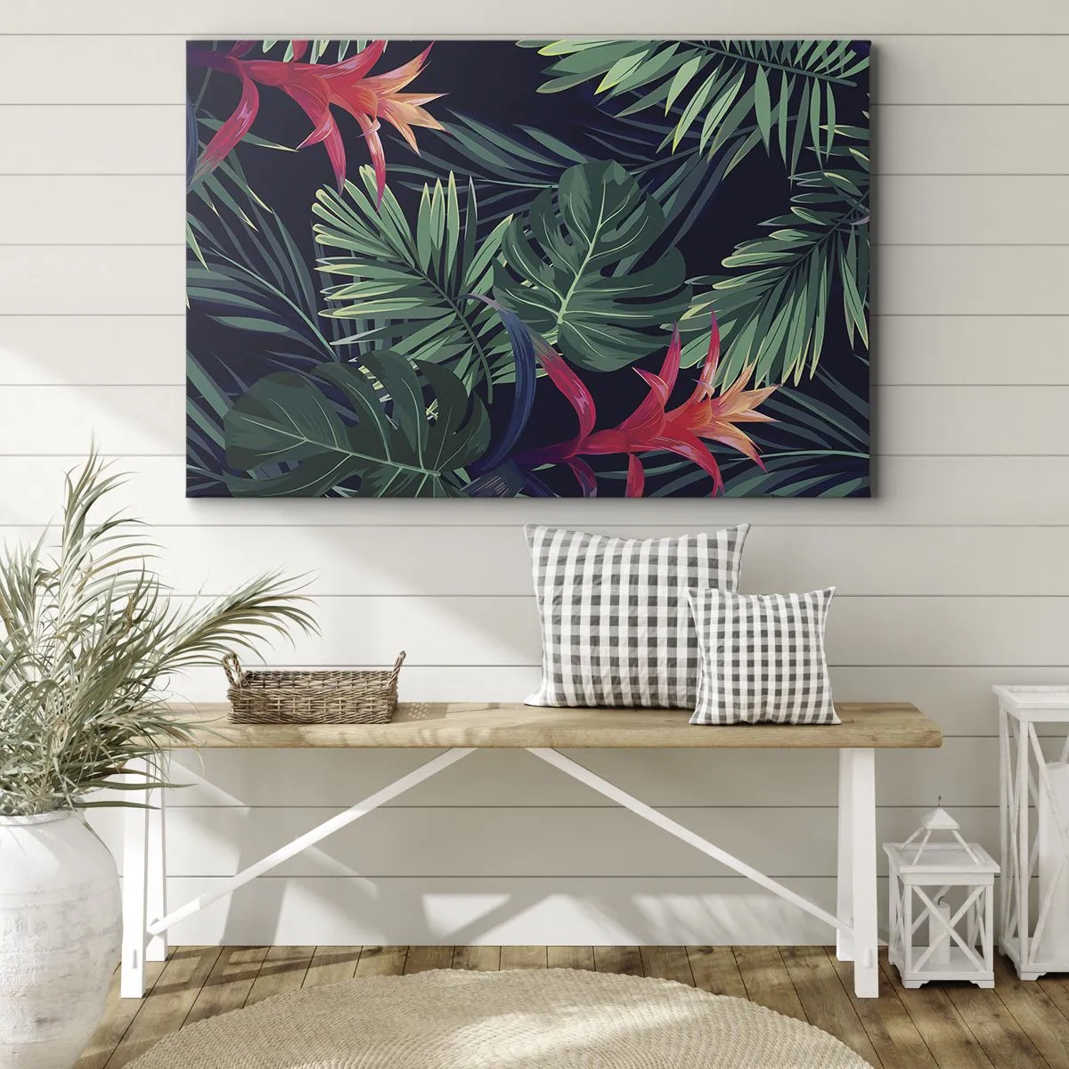 Impression sur toile - Image sur toile - Feuilles et fleurs tropicales sur fond sombre - 120x80cm - immergé dans la nature - Décoration murale moderne pour le salon et la chambre ARTTOR