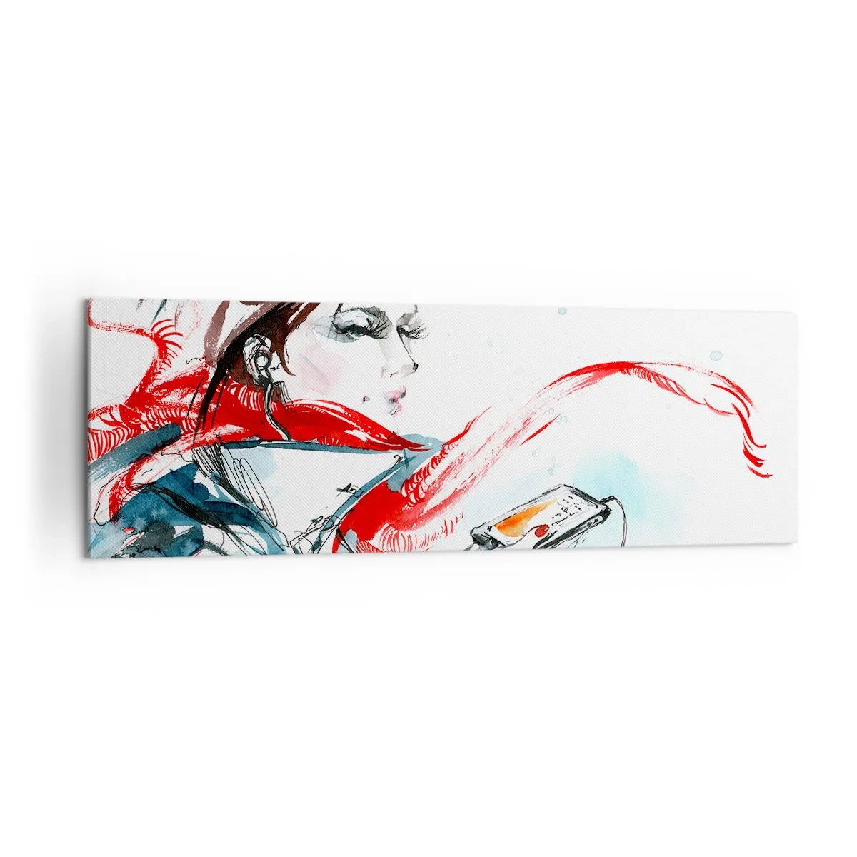 Impression sur toile - Image sur toile - Une femme portant un foulard rouge avec des traits d'aquarelle dynamiques - 160x50cm - Quelque chose se passe en moi - Décoration murale moderne pour le salon et la chambre ARTTOR