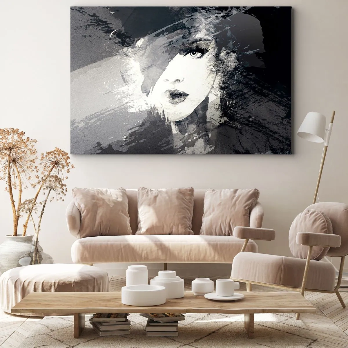 Impression sur toile - Image sur toile - Un portrait abstrait d'une femme dans des tons de gris avec des accents délicats. - 70x50cm - Derrière un voile gris - Décoration murale moderne pour le salon et la chambre ARTTOR