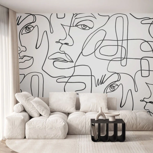 Papier Peint Photo Premium Sand - Contours du visage noirs dessinés d'un trait continu - 100x70cm - Dans des émotions enchevêtrées - Décoration murale moderne pour le salon et la chambre ARTTOR