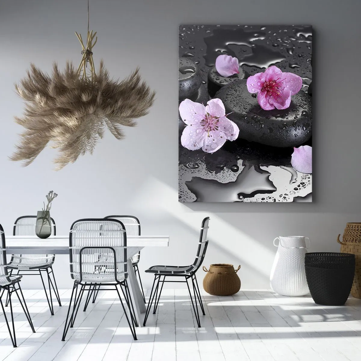 Impression sur toile - Image sur toile - Pierres noires et fleurs roses style spa - 80x120cm - Et le cœur s'allège soudainement - Décoration murale moderne pour le salon et la chambre ARTTOR