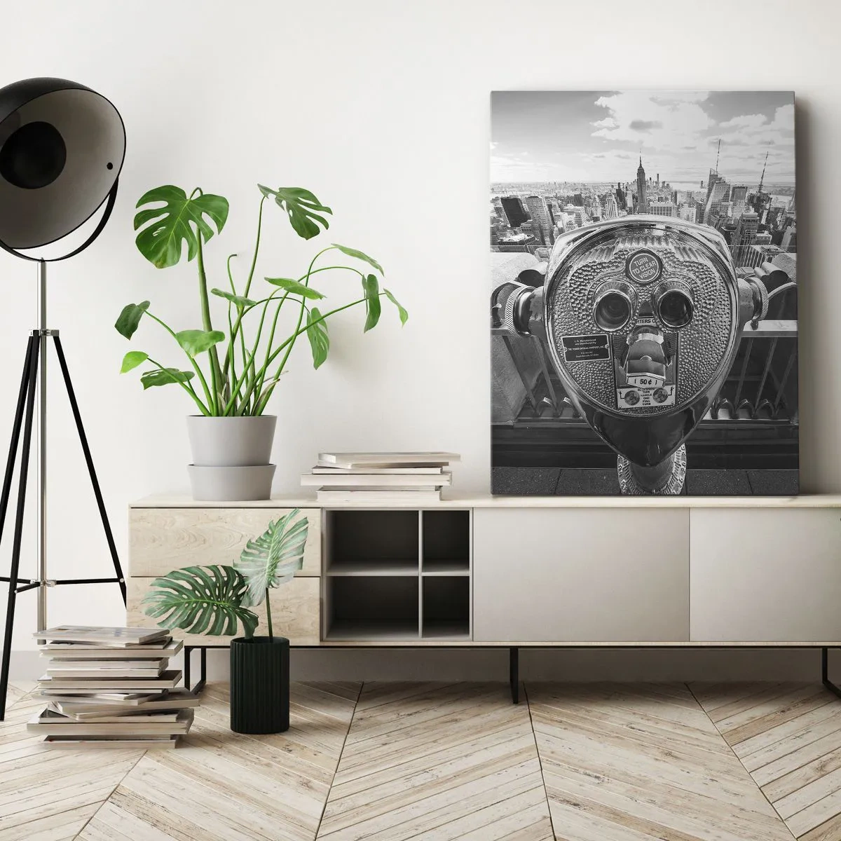 Impression sur toile - Image sur toile - Vue monochrome à travers le télescope du panorama de la ville - 50x70cm - Ville sur les villes - Décoration murale moderne pour le salon et la chambre ARTTOR