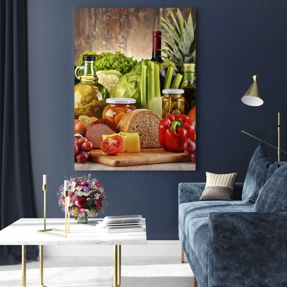 Impression sur verre - Image sur verre - Légumes colorés, fruits, pain et conserves sur un fond en bois - 50x70cm - Fumé, cuit au four et mariné - Décoration murale moderne pour le salon et la chambre ARTTOR