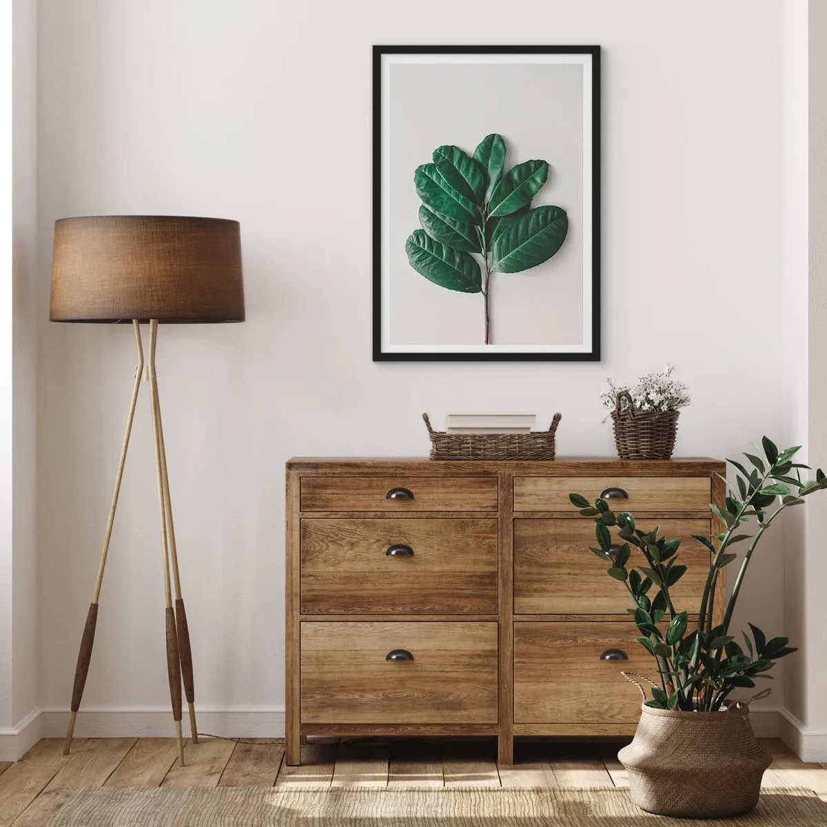 Affiche dans un cadre noir - Poster - Une branche avec des feuilles vert foncé sur un fond clair - 50x70cm - Dessin de la nature elle-même - Décoration murale moderne pour le salon et la chambre ARTTOR