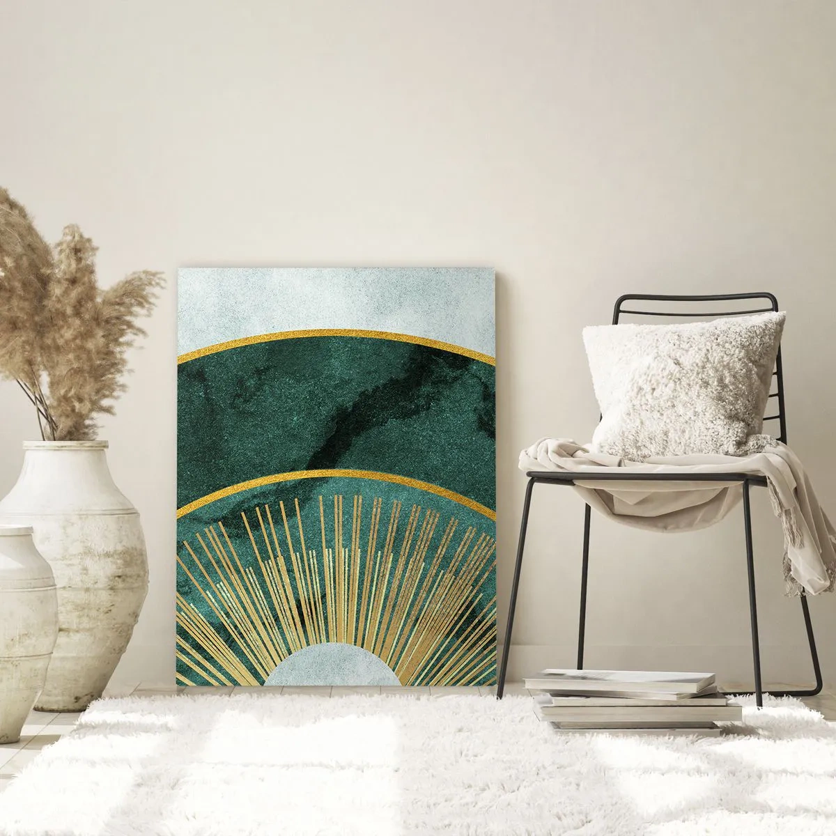 Impression sur verre - Image sur verre - Rayons dorés sur fond de demi-cercles verts avec une structure en marbre - 50x70cm - Un autre système solaire - Décoration murale moderne pour le salon et la chambre ARTTOR