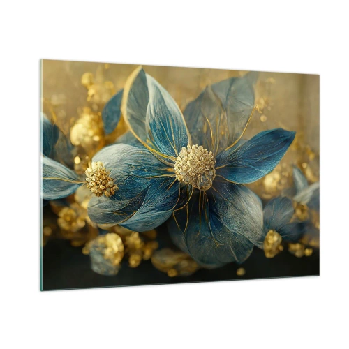 Impression sur verre - Image sur verre - Fleurs bleues et dorées avec une sensation luxueuse - 100x70cm - Fleurir avec de l'or - Décoration murale moderne pour le salon et la chambre ARTTOR