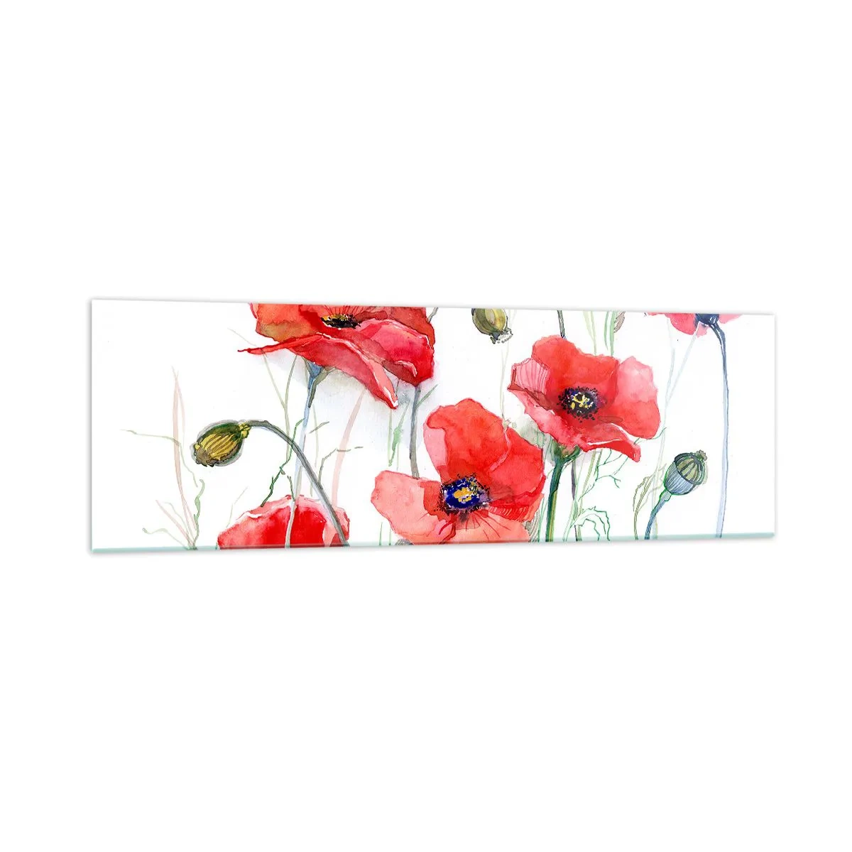 Impression sur verre - Image sur verre - Coquelicots à l'aquarelle sur un fond délicat - 160x50cm - Fleurs polonaises - Décoration murale moderne pour le salon et la chambre ARTTOR
