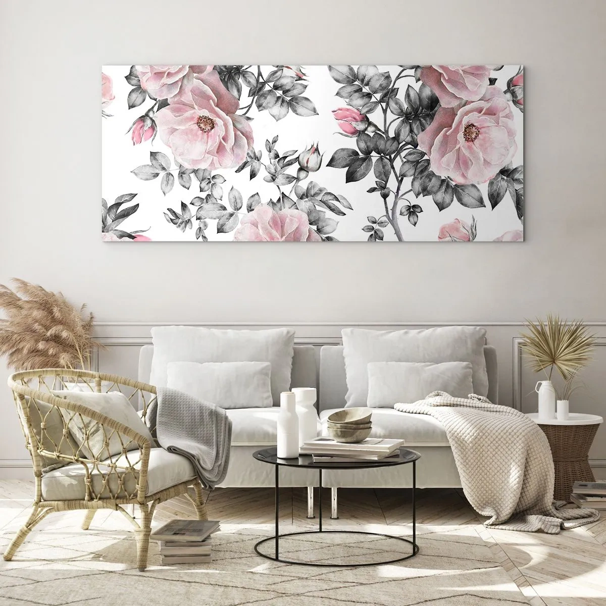 Impression sur verre - Image sur verre - Roses roses et feuilles sur un délicat fond noir et blanc - 160x50cm - Se perdre dans les fleurs des roses - Décoration murale moderne pour le salon et la chambre ARTTOR