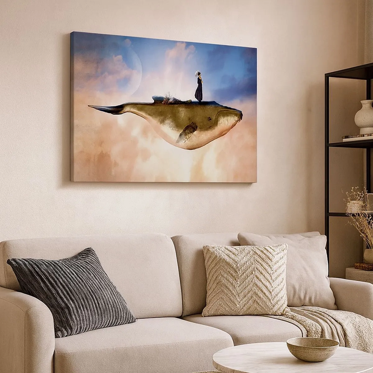 Impression sur toile - Image sur toile - Une scène fantastique d'une femme sur une baleine parmi les nuages - 70x50cm - Voyage irréel - Décoration murale moderne pour le salon et la chambre ARTTOR