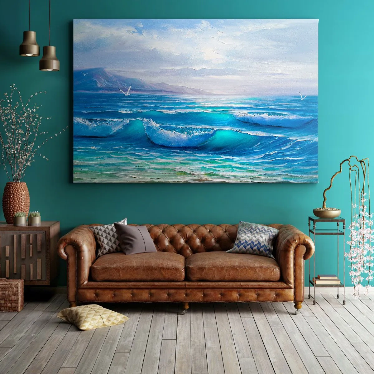 Impression sur toile - Image sur toile - Un paysage marin pittoresque avec des vagues et un ciel bleu - 120x80cm - Il apporte un soulagement - Décoration murale moderne pour le salon et la chambre ARTTOR
