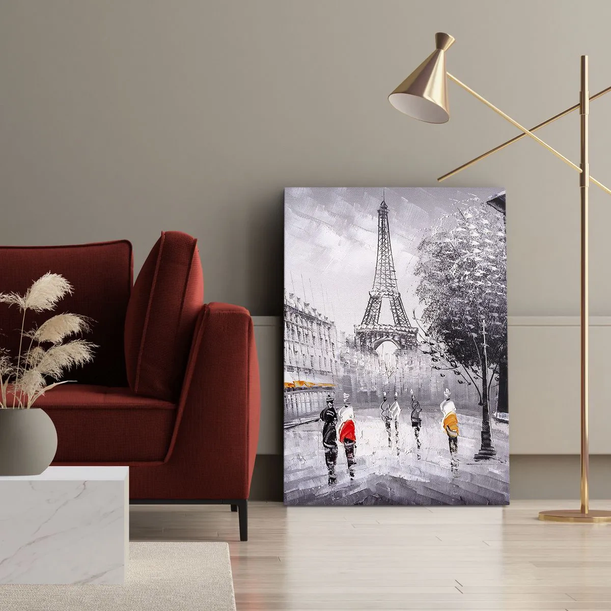 Impression sur toile - Image sur toile - Une vue de la Tour Eiffel dans un décor monochrome avec des touches de couleur - 70x100cm - Balade parisienne - Décoration murale moderne pour le salon et la chambre ARTTOR