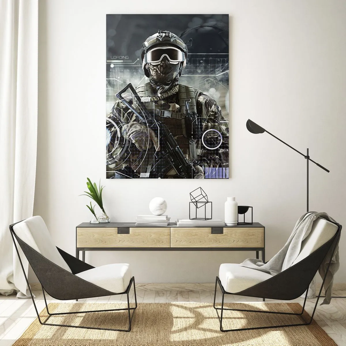 Impression sur verre - Image sur verre - Un soldat en équipement tactique sur fond d'interface futuriste. - 50x70cm - Puissance sans limite - Décoration murale moderne pour le salon et la chambre ARTTOR
