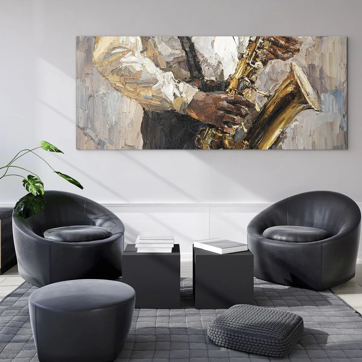 Impression sur verre - Image sur verre - Un musicien jouant du saxophone dans un style artistique - 140x50cm - C'est l'heure du solo - Décoration murale moderne pour le salon et la chambre ARTTOR
