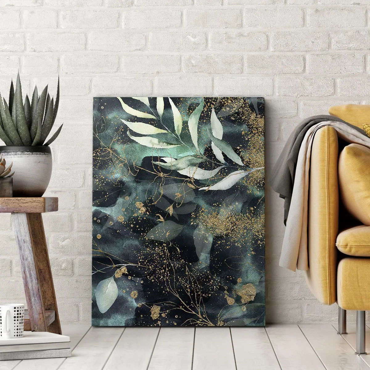 Impression sur toile - Image sur toile - Feuilles élégantes sur un fond sombre avec des accents dorés - 70x100cm - Jardin magique - Décoration murale moderne pour le salon et la chambre ARTTOR