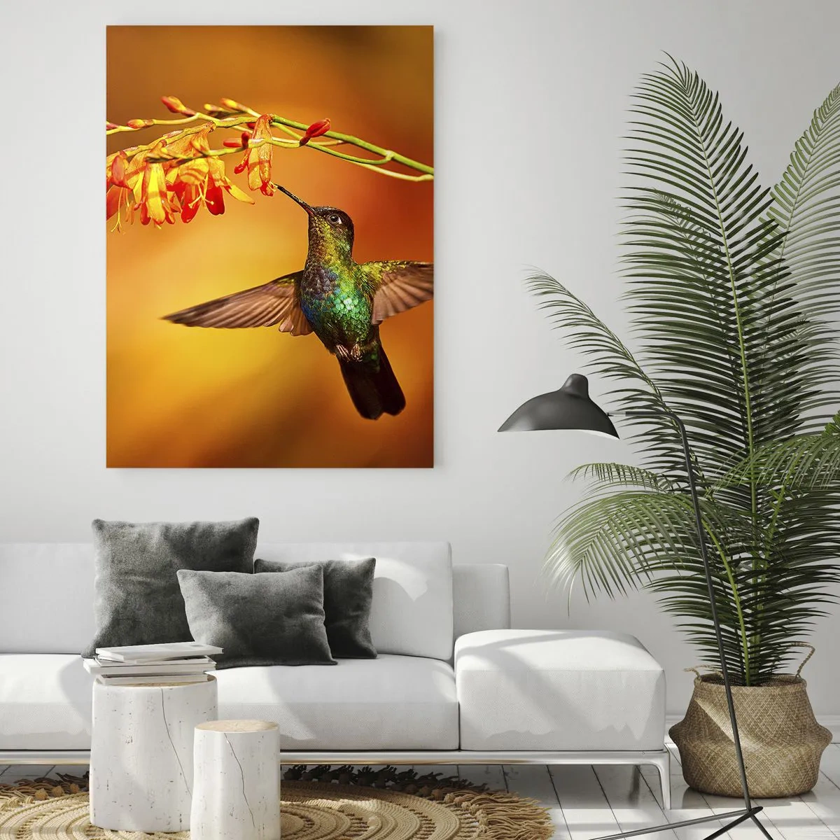 Impression sur verre - Image sur verre - Colibri près d'une fleur dans la lumière chaude - 80x120cm - Un messager de lumière selon les Mayas - Décoration murale moderne pour le salon et la chambre ARTTOR