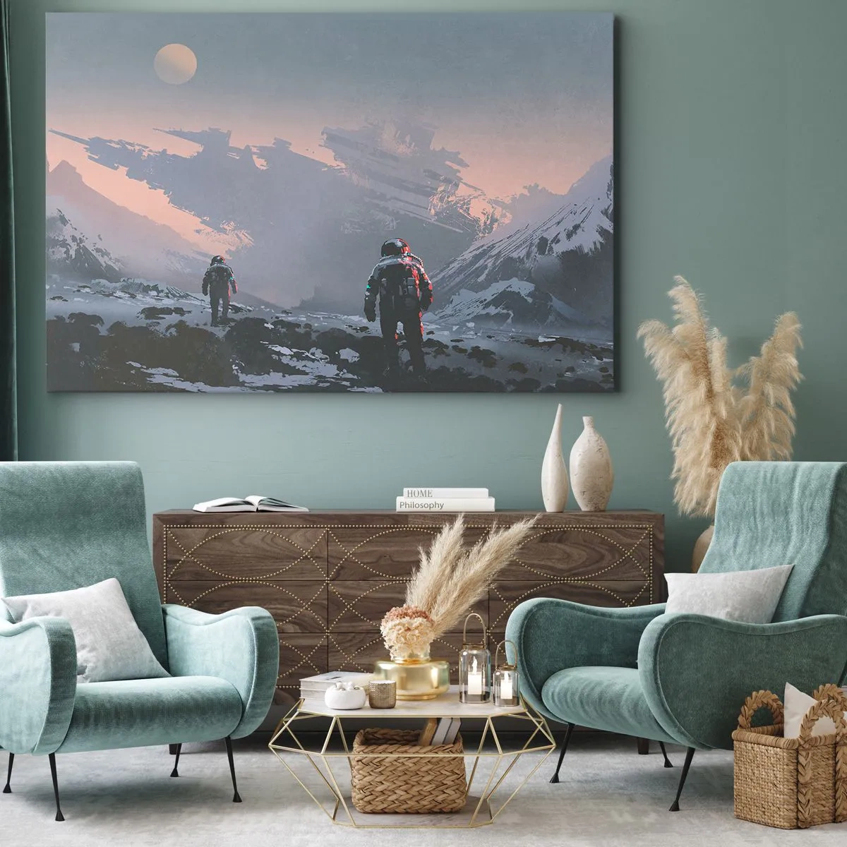 Impression sur toile - Image sur toile - Des astronautes sur une planète extraterrestre avec une épave de vaisseau spatial - 120x80cm - Sous une étoile inconnue - Décoration murale moderne pour le salon et la chambre ARTTOR
