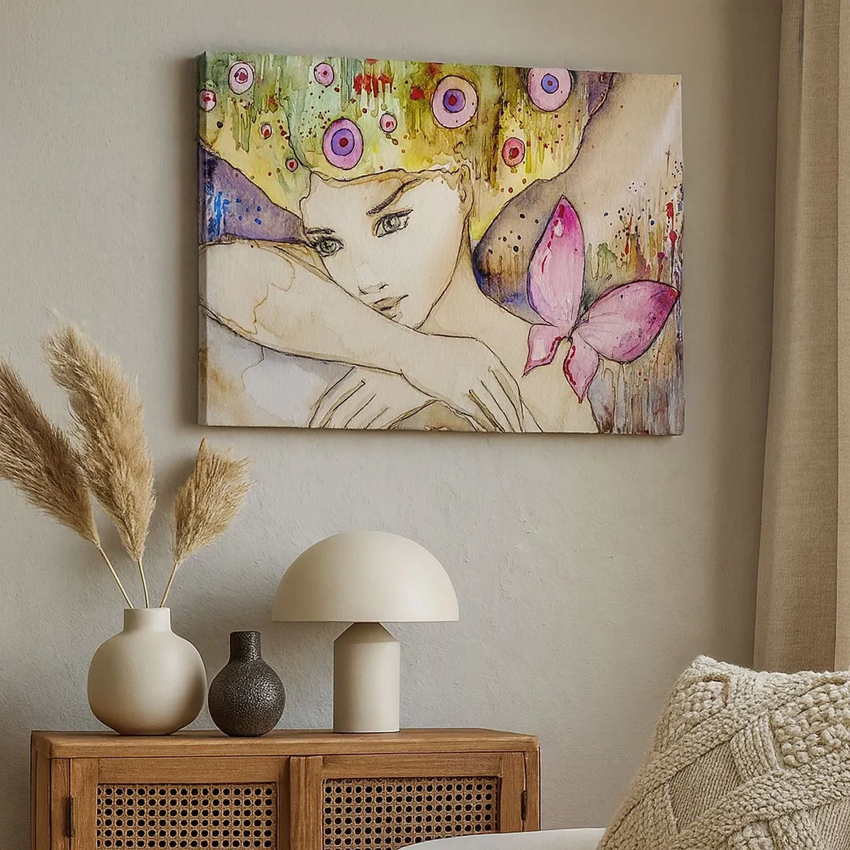 Impression sur toile - Image sur toile - Une femme avec une coiffure abstraite et un papillon rose - 70x50cm - La princesse papillon - Décoration murale moderne pour le salon et la chambre ARTTOR