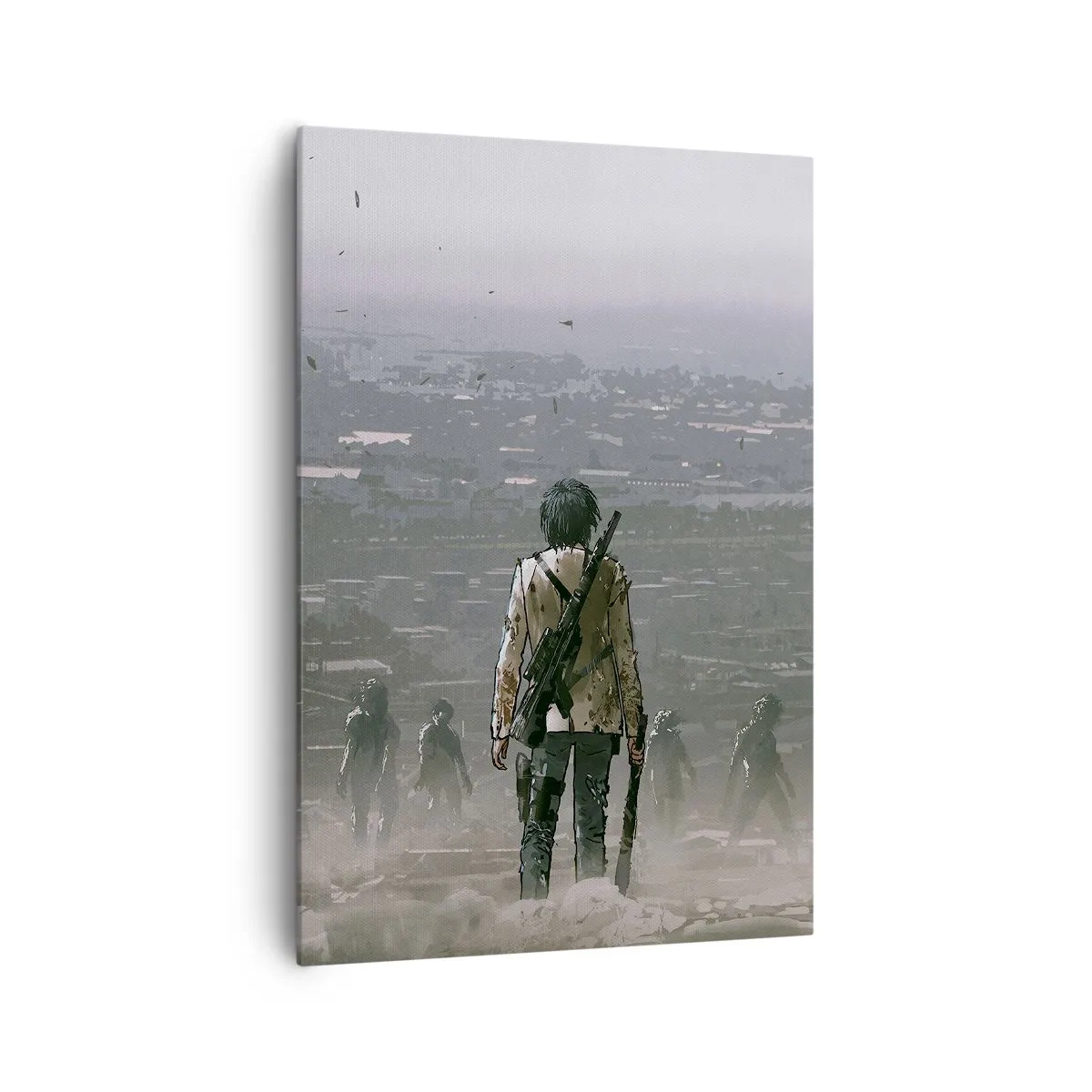 Impression sur toile - Image sur toile - Une silhouette avec une arme se tient devant un groupe dans un paysage dystopique. - 70x100cm - Dernier samaritain ? - Décoration murale moderne pour le salon et la chambre ARTTOR