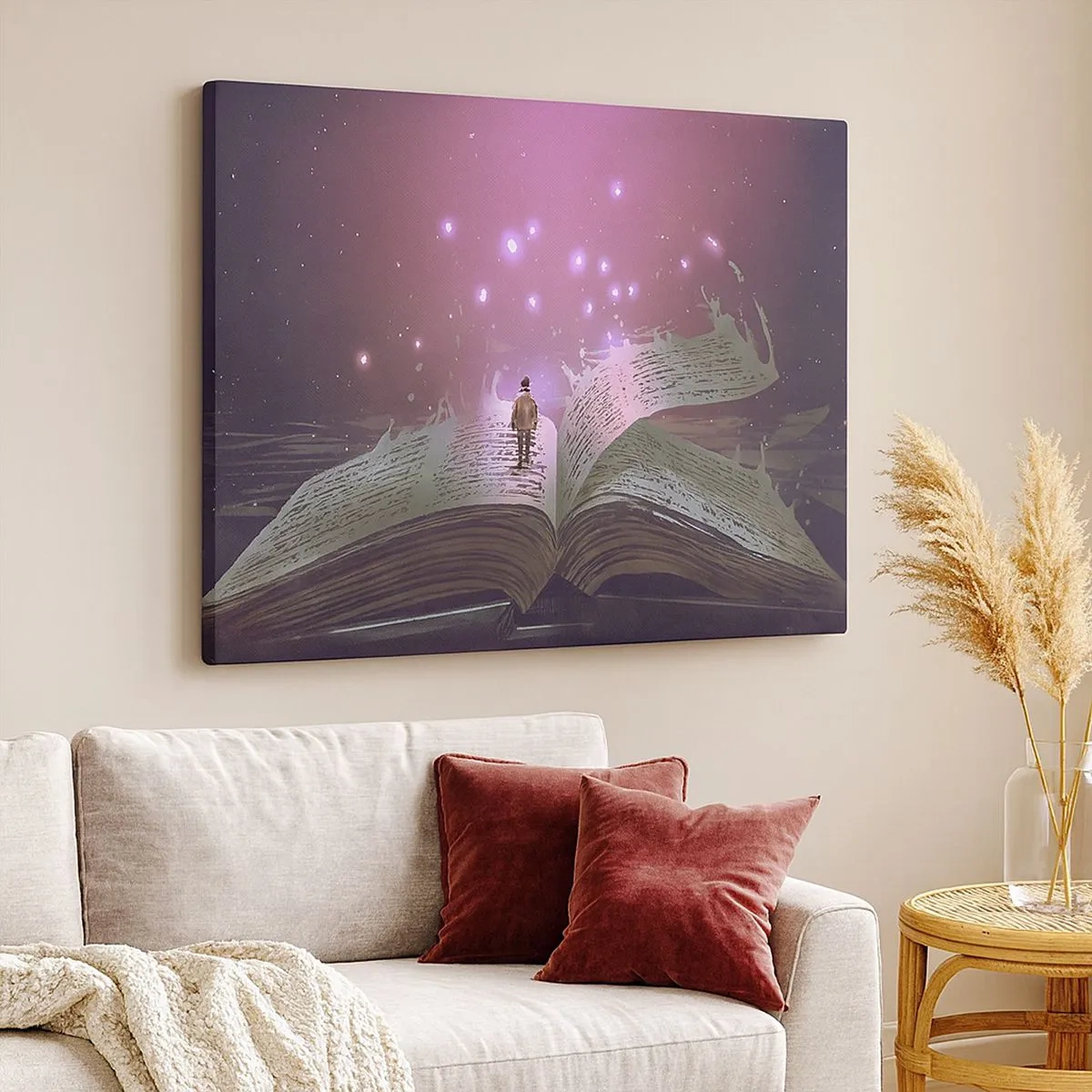 Impression sur toile - Image sur toile - Une silhouette marche sur un livre ouvert dans une lumière magique. - 70x50cm - Invitation à un autre monde - lisez ! - Décoration murale moderne pour le salon et la chambre ARTTOR