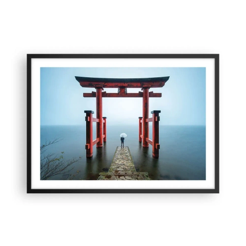 Affiche dans un cadre noir - Poster - Un portail torii surplombant un lac tranquille au Japon - 70x50cm - Rêverie japonnaise - Décoration murale moderne pour le salon et la chambre ARTTOR