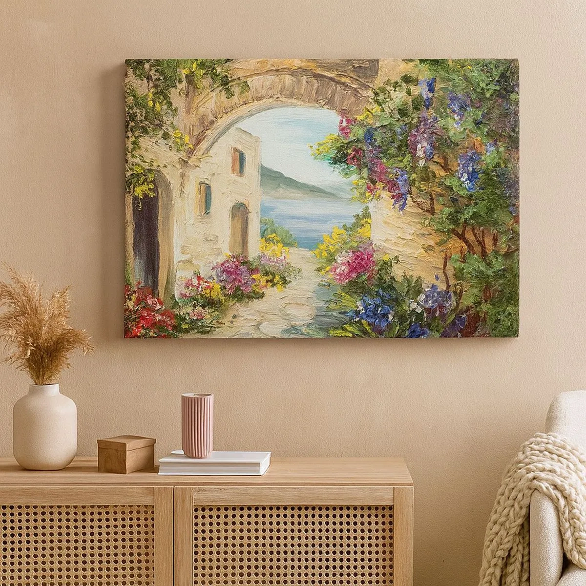 Impression sur toile - Image sur toile - Paysage de bord de mer avec des bâtiments en pierre et des fleurs - 70x50cm - Le charme d'une province côtière - Décoration murale moderne pour le salon et la chambre ARTTOR