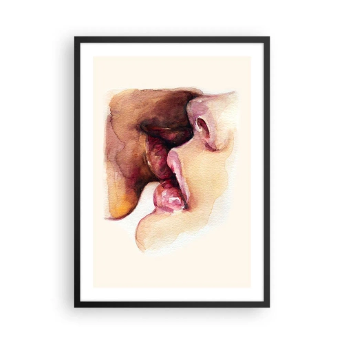Affiche dans un cadre noir - Poster - Lèvres à l'aquarelle dans un baiser intime sur un fond clair - 50x70cm - Comme le jour et la nuit, la terre et le ciel - Décoration murale moderne pour le salon et la chambre ARTTOR