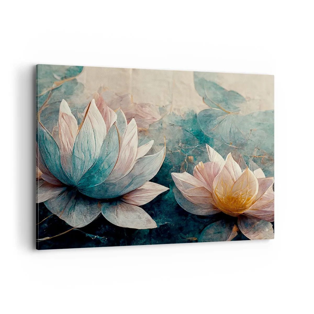Impression sur toile - Image sur toile - De subtils nénuphars aux tons pastel de bleu et d'or - 100x70cm - Les étoiles du lac - Décoration murale moderne pour le salon et la chambre ARTTOR