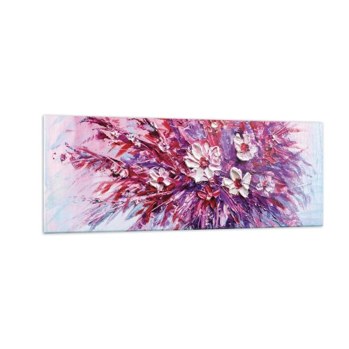 Impression sur verre - Image sur verre - Un bouquet de fleurs colorées dans des tons de rose et de violet - 140x50cm - Innocence et passion - Décoration murale moderne pour le salon et la chambre ARTTOR