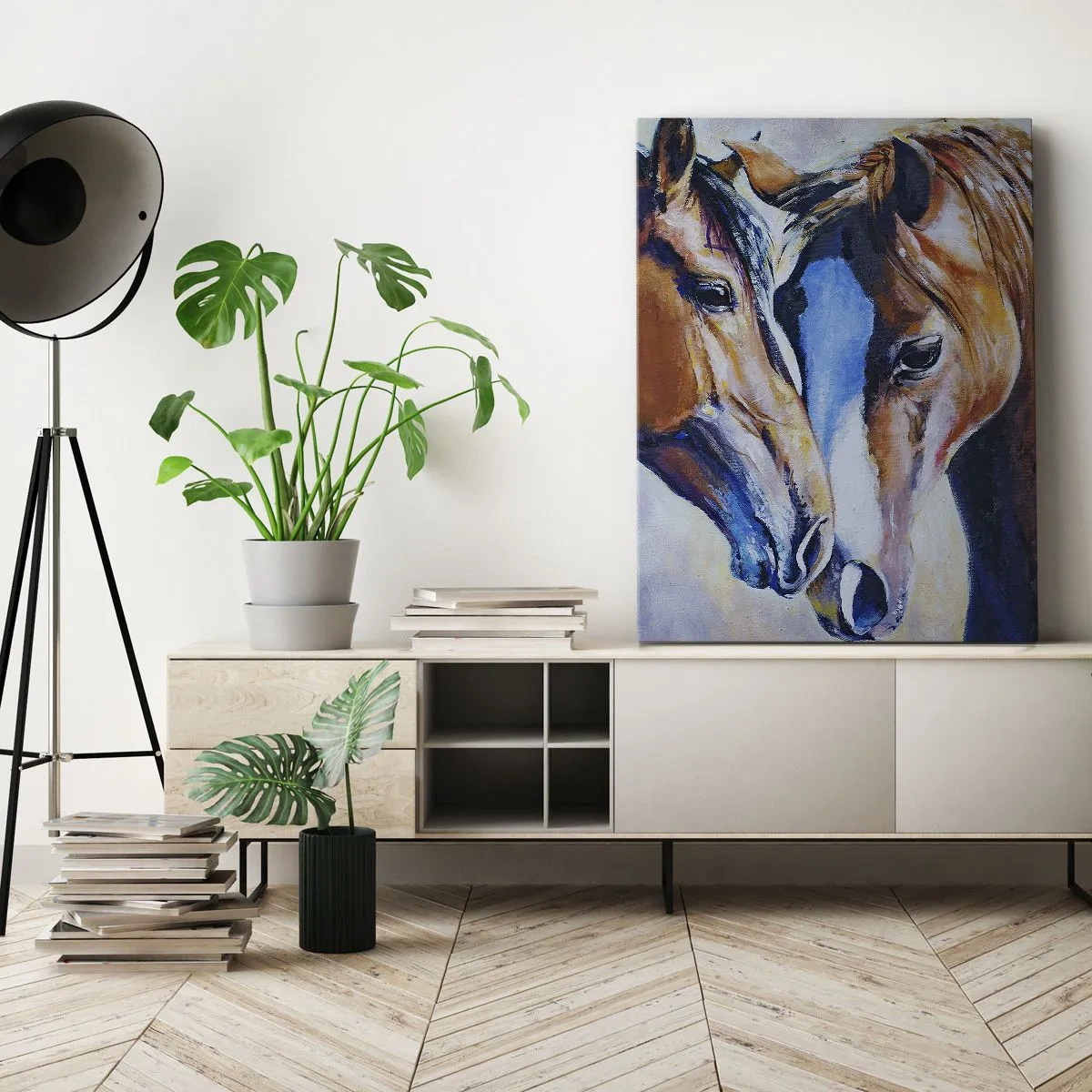 Impression sur toile - Image sur toile - Une représentation picturale de deux chevaux dans un cadre convivial. - 70x100cm - Est-ce de l'amitié ? Ou de l'amour ? - Décoration murale moderne pour le salon et la chambre ARTTOR